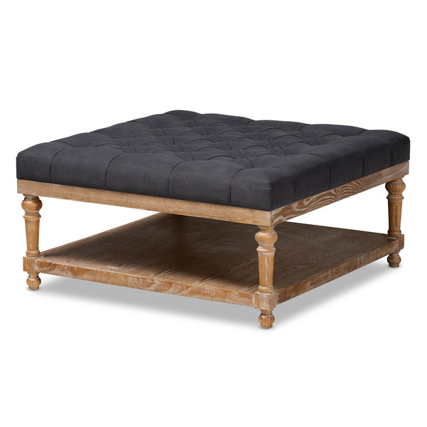 Baxton Studio Kelly Charcoal Linen Upholstered and Greywashed Wood Cocktail Ottoman 164-10651